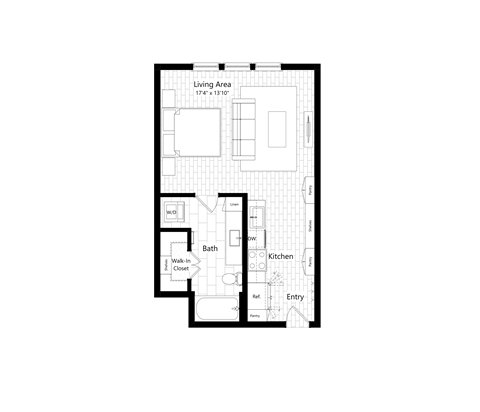 Floor plan for studio, 1 bath, 594 sqft